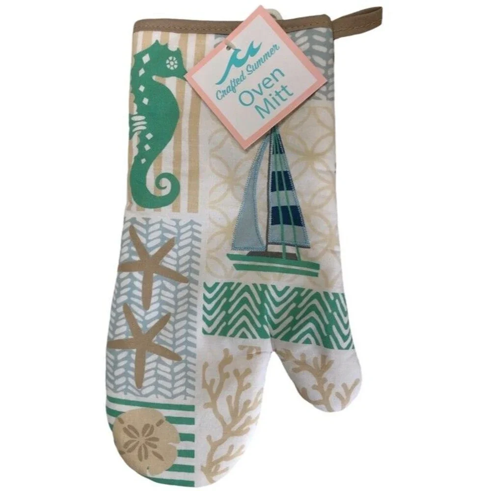 Seahorse Sailboat Dish Towel Oven Mitt Potholder Set of 3 Beach Summer House